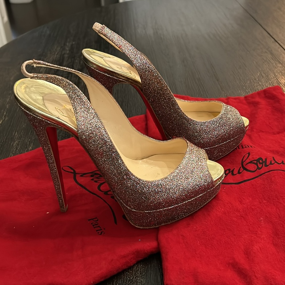 Christian Louboutin ZOBRA 120 Glitter Platform Slingbacks Size 39